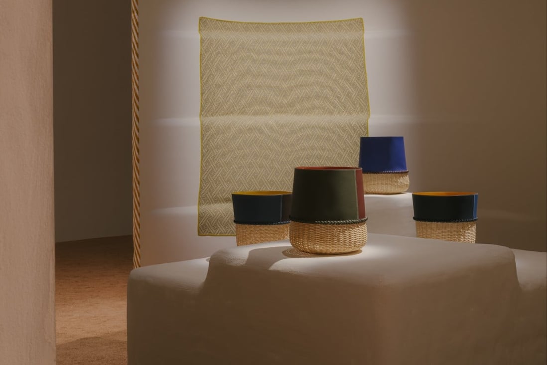 Hermès’ Chromatic leather and wicker baskets, from the latest homeware collection. Photo: Hermes/Maxime Verret