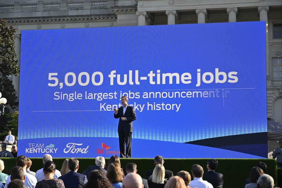 Kentucky Governor Andy Beshear speaks at the State Capitol in Frankfort, Kentucky, on September 28 during the announcement of Ford Motor Company and SK Innovations’ plans to build two electric battery factories in the state. The US$5.8 billion dollar investment will provide 5,000 full-time jobs in Kentucky. Photo: AP