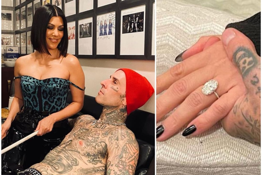 Blink-182 drummer Travis Barker and Kourtney Kardashian just got engaged – and he proposed with an engagement ring that might cost over US$1 million. Photos: @kourtneykardash, @atianadelahoya/Instagram