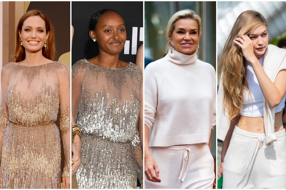 Zahara Jolie-Pitt wore mum Angelina Jolie’s Elie Saab dress at the Eternals’ Los Angeles premiere, while Yolanda and Gigi Hadid were photographed in the same Naked Cashmere outfit in 2019 – but who wore it better? Photos: Getty Images, AFP