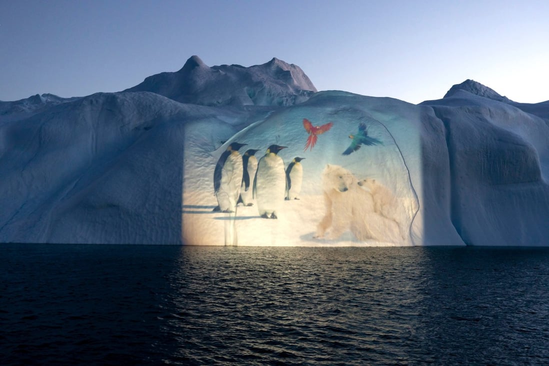An iceberg is illuminated as part of a project by Swiss artist Gerry Hofstetter as a memorial to climate change. Photo: EPA