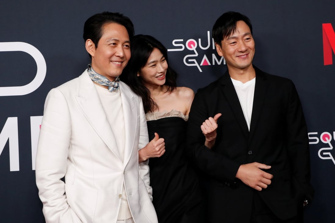 Squid Game cast members Lee Jung-jae (who plays Seong Gi-hun), Jung Ho-yeon and Park Hae-soo promote the Korean drama series in Los Angeles. Its creator, Hwang Dong-hyuk, has said there will be a second season. Photo: Reuters