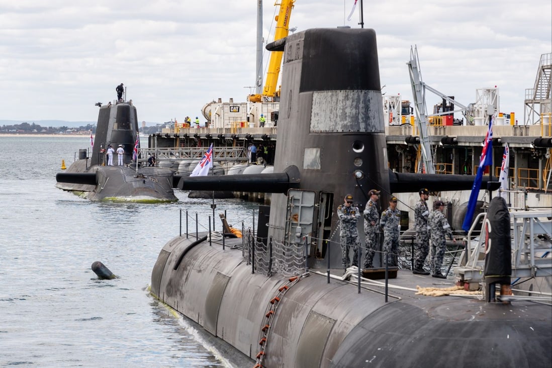 An Australian Collins class submarine docks in front of the UK’s nuclear-powered attack submarine HMS Astute at HMAS Stirling Royal Australian Navy base in Perth, Australia, on October 29. Under the Aukus alliance, the US and UK will help Australia build nuclear-powered submarines. Photo: EPA-EFE