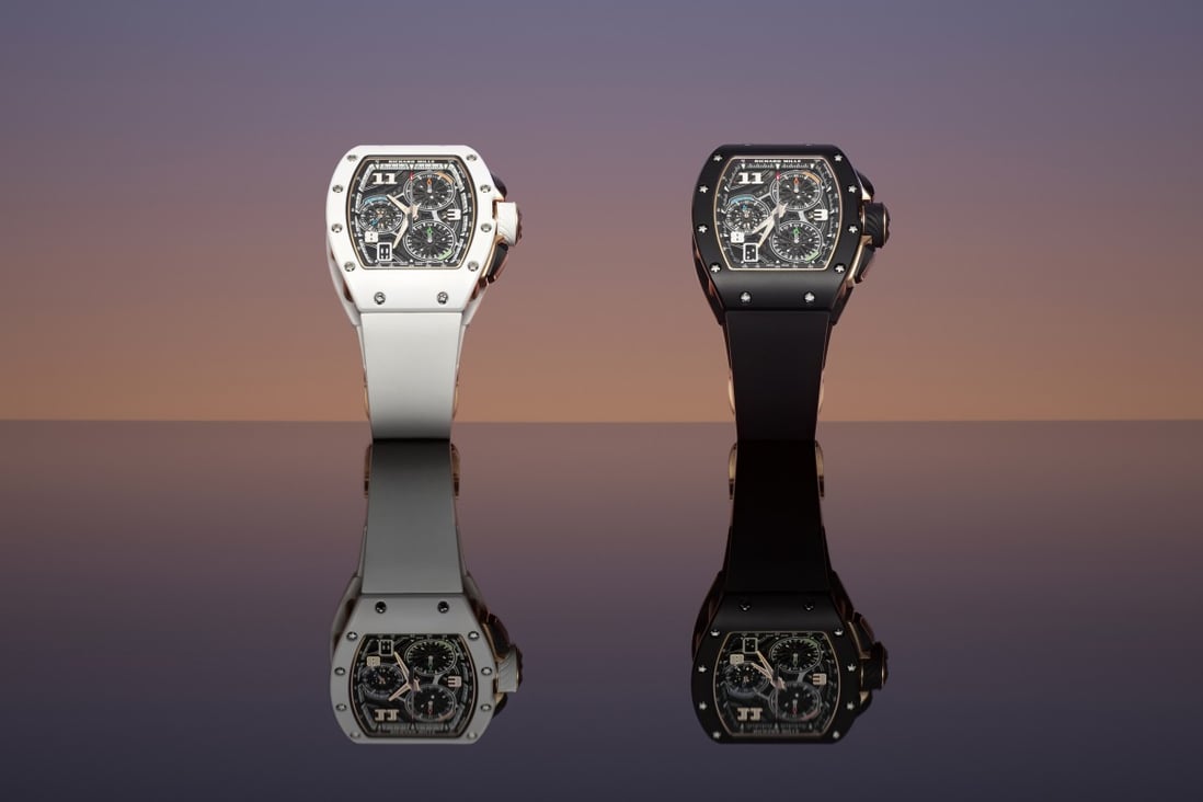 Black and white ceramic Richard Mille 72-01 Lifestyle In-House Chronograph watches, containing the brand’s first chronograph movement. Photos: Richard Mille