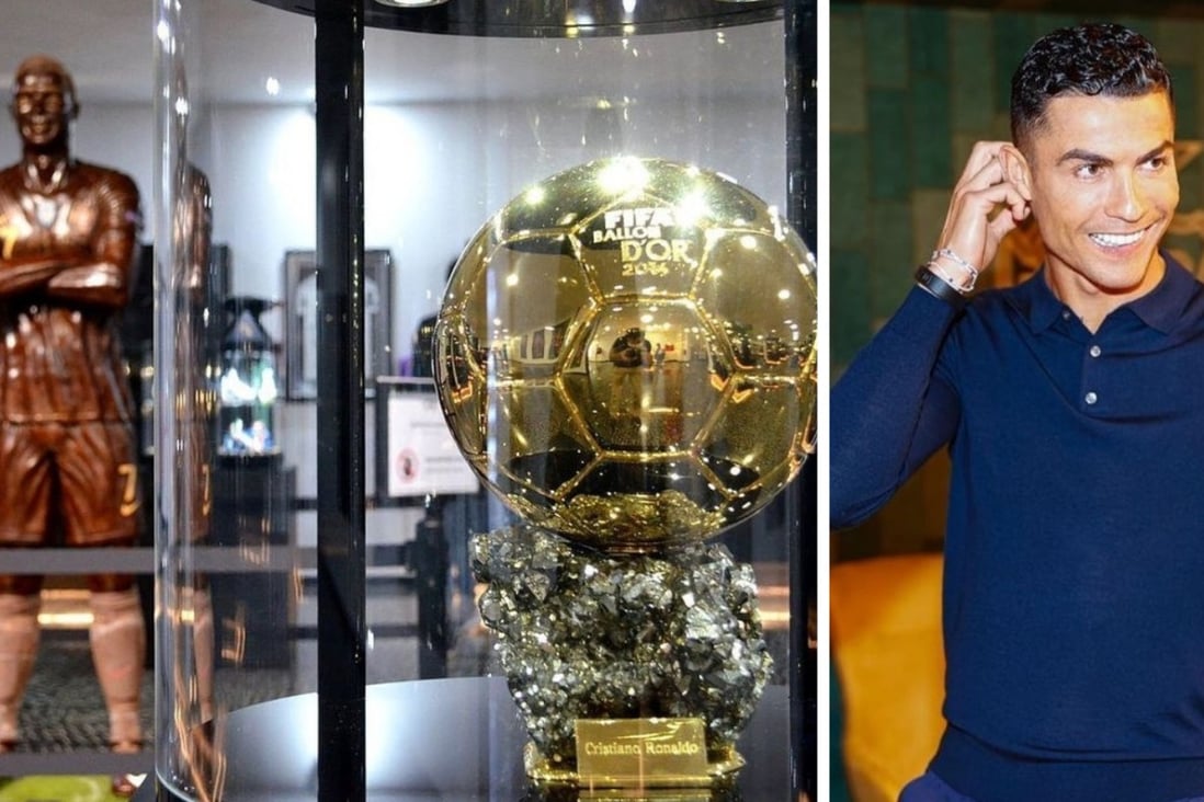 One of Ronaldo’s Ballon D’Or sits in front of a chocolate sculpture of the star at Portugal’s CR7 Museu. Photo: @museucr7funchal/Instagram