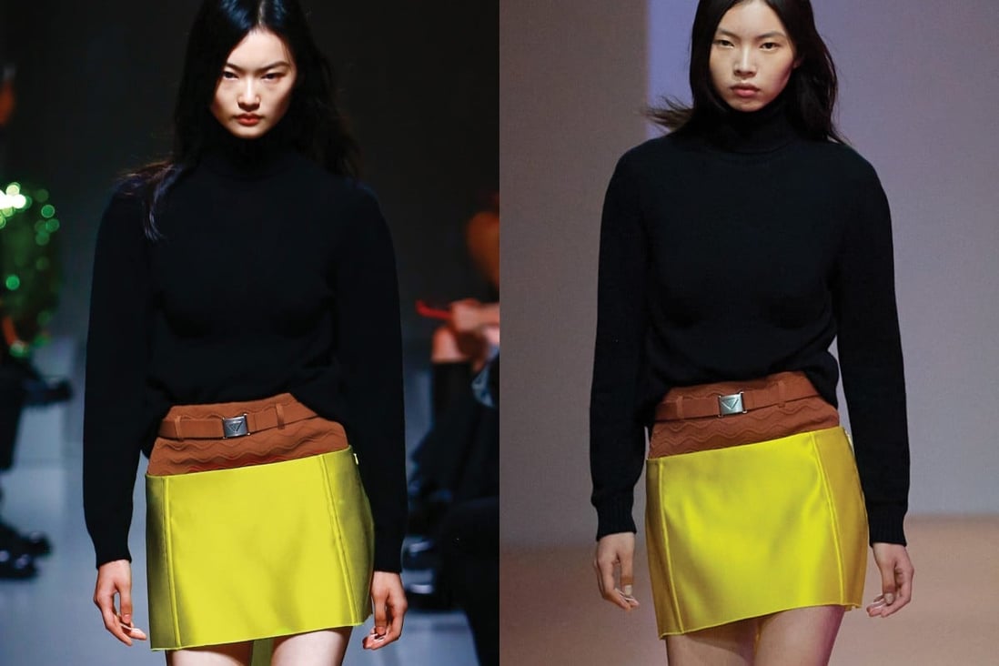 A look, featuring a miniskirt, from the Prada spring/summer 2022 collection. Many recent fashion shows have seen the return of shorter hemlines.
