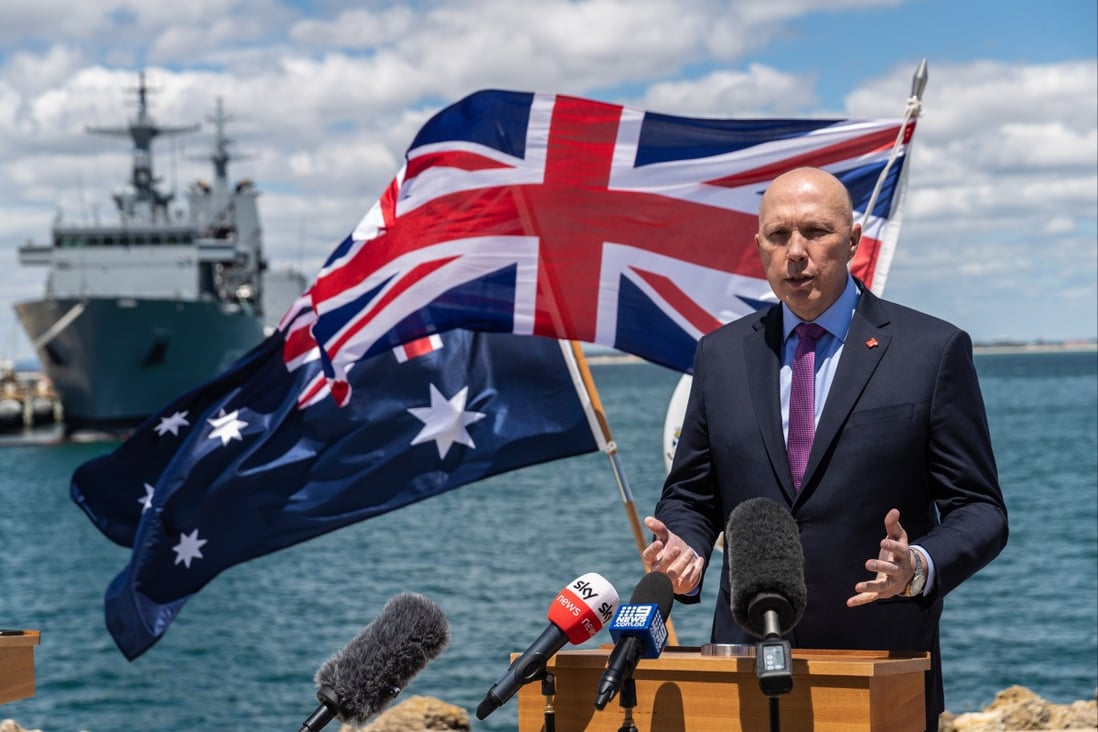 Australian Defence Minister Peter Dutton at a press conference at HMAS Stirling Royal Australian Navy base in Perth, Western Australia, on October 29. Photo: EPA-EFE