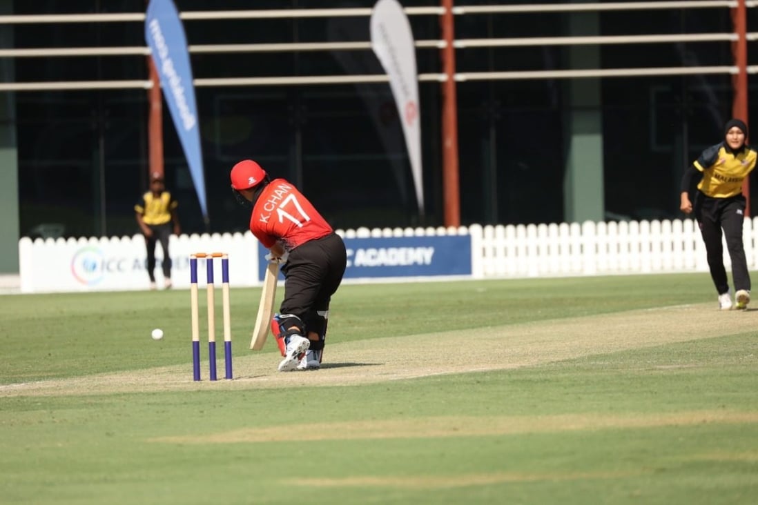 Hong Kong captain Kary Chan plays a shot against Malaysia in their ICC T20 Asia World Cup qualifier in Dubai. Photo: ICC
