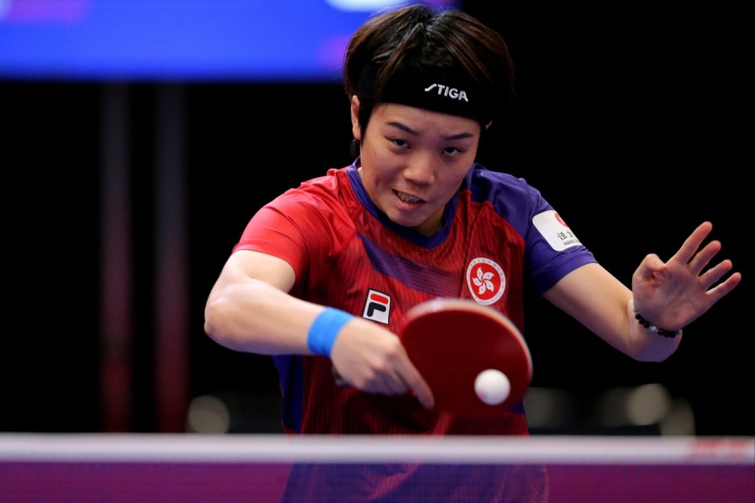 Doo Hoi-kem Doo hits a return against Edem Offiong, of Nigeria, in the opening round of the 2021 World Table Tennis Championships in Houston, USA. Photo: USA TODAY Sports