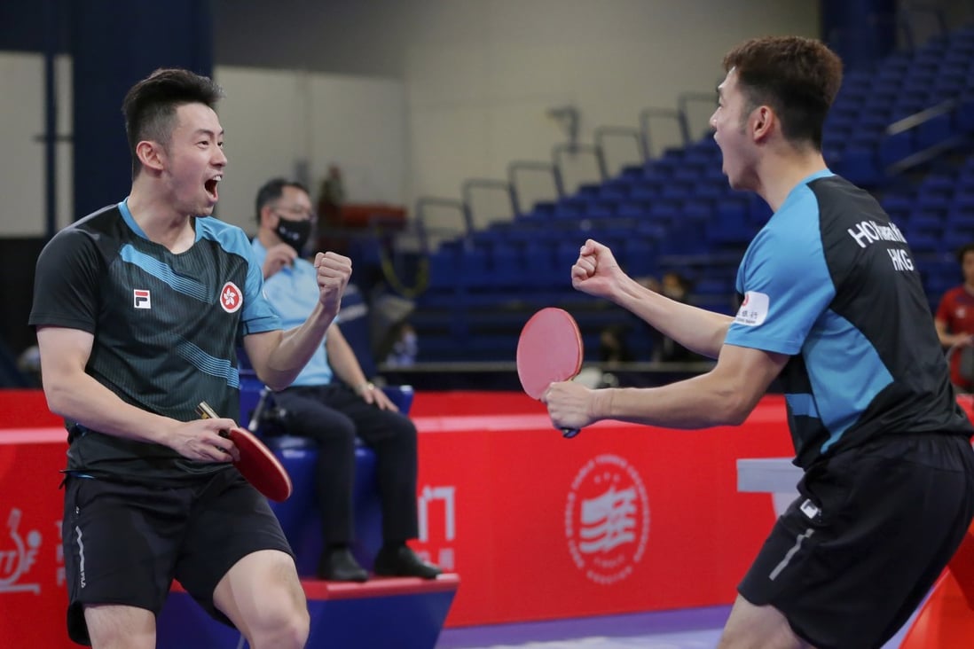 Hong Kong’s Wong Chun-ting (left) and Ho Kwan-kit celebrate after winning match point on the fourth day of the 2021 World Table Tennis Championships. Photo: AP