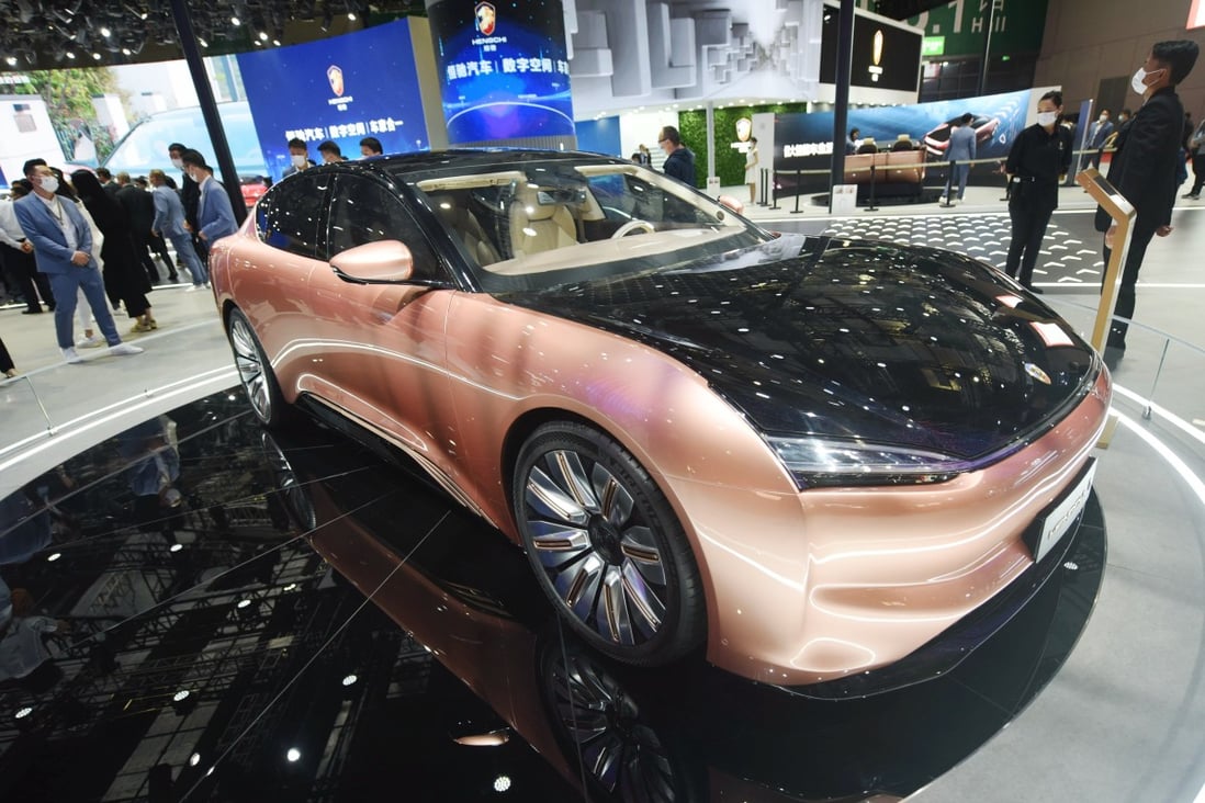 A Hengchi 1 electric vehicle is on display at the Evergrande Auto booth during the 19th Shanghai International Automobile Industry Exhibition on April 19, 2021. Photo: VCG via Getty Images