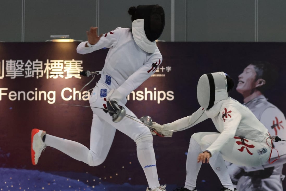 Vivian Kong Man-wai (left) in action against Coco Lin Yik-hei during the Hong Kong Open women’s epee final at AsiaWorld-Expo. Photo: May Tse