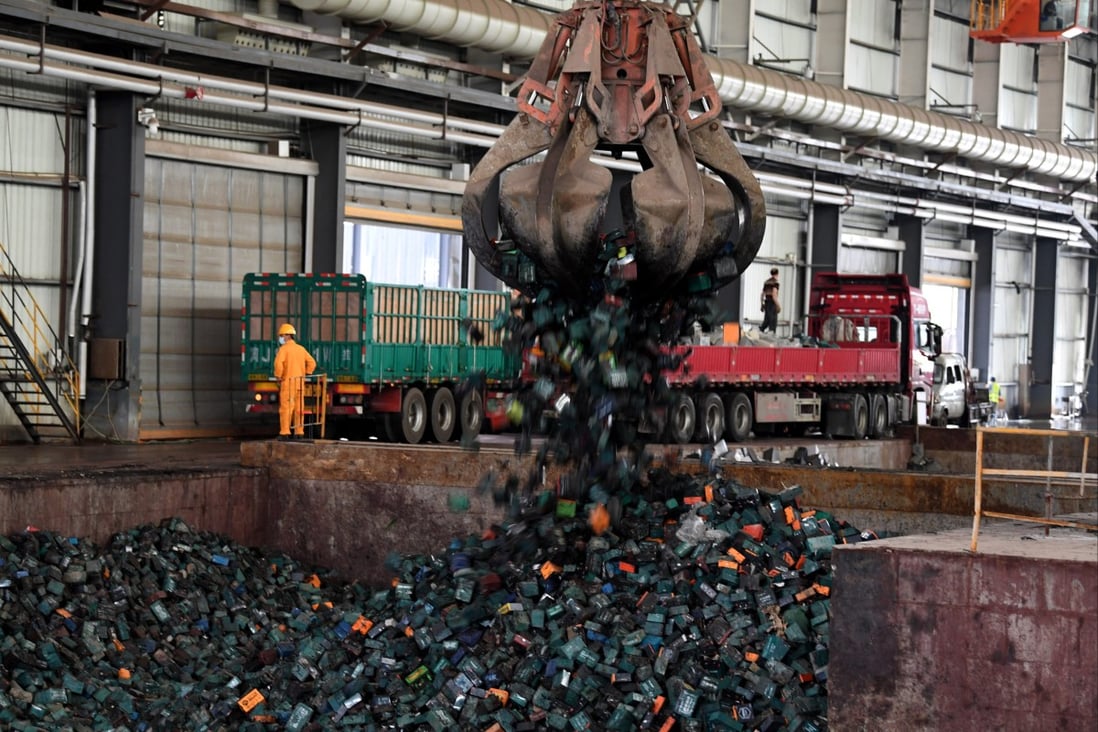 Waste batteries are pooled for recycling at Tianying technology park in Jieshou in eastern Anhui province on July 25. Photo: Xinhua