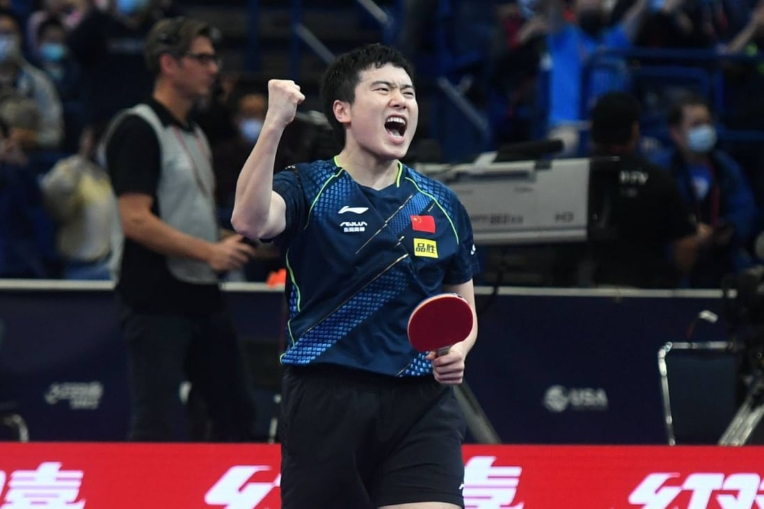 Liang Jingkun celebrates during his men’s singles round-of-16 match against Liam Pitchford at the 2021 World Table Tennis Championships in Houston. Photo: Xinhua