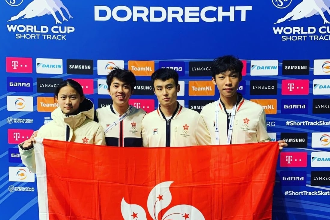 Hong Kong’s Sui Xin (third from left) with short-track speedskating teammates Lam Ching-yan (left), Sidney Chu (second from left) and Kwok Tsz-fung (right) at the World Cup qualifiers series event in the Netherlands. Photo: Hong Kong Skating Union   
