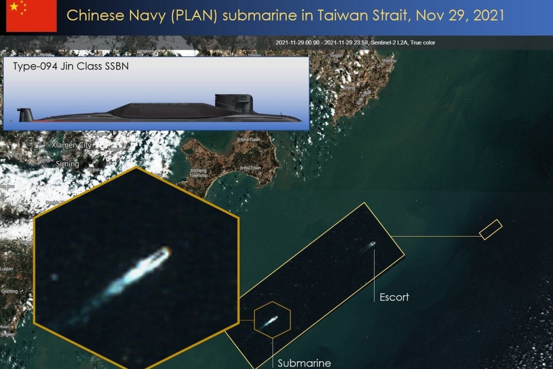 The Sentinel-2 image shows a Chinese ballistic missile submarine and an escort vessel in the Taiwan Strait, according to a US defence analyst. Photo: H.I. Sutton/Twitter