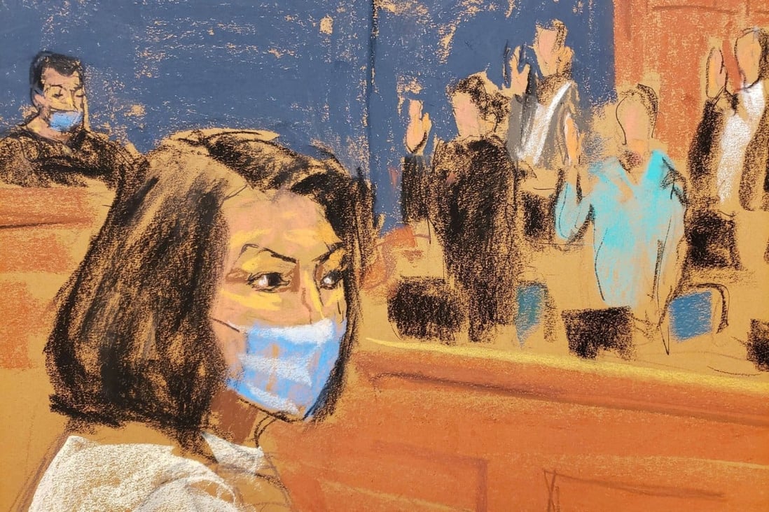 Ghislaine Maxwell sits as the jurors are sworn in at the start of her sex trafficking trial in New York on Monday. Courtroom sketch: Jane Rosenberg via Reuters