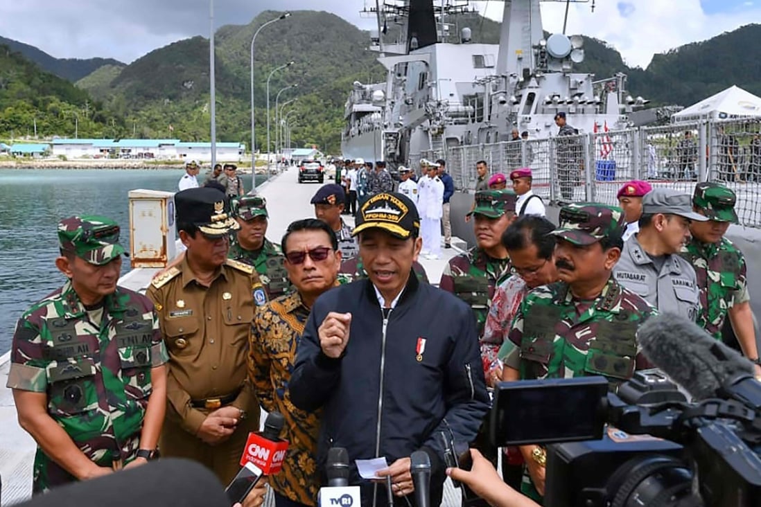 Indonesian President Joko Widodo speaks to journalists during a visit to the Natuna Islands. File photo: AFP
