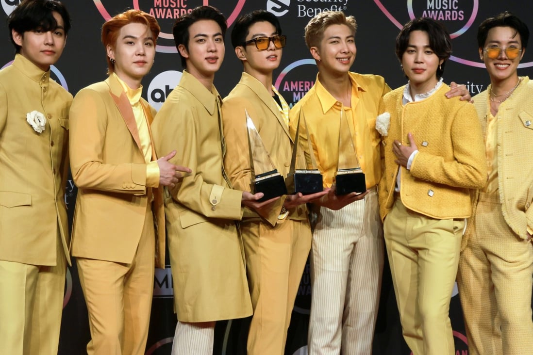 BTS at the 2021 American Music Awards in Los Angeles, November 21. The K-pop group will need to quarantine on their return to South Korea and will likely miss out on appearing at major K-pop award show MAMA. Photo: Reuters