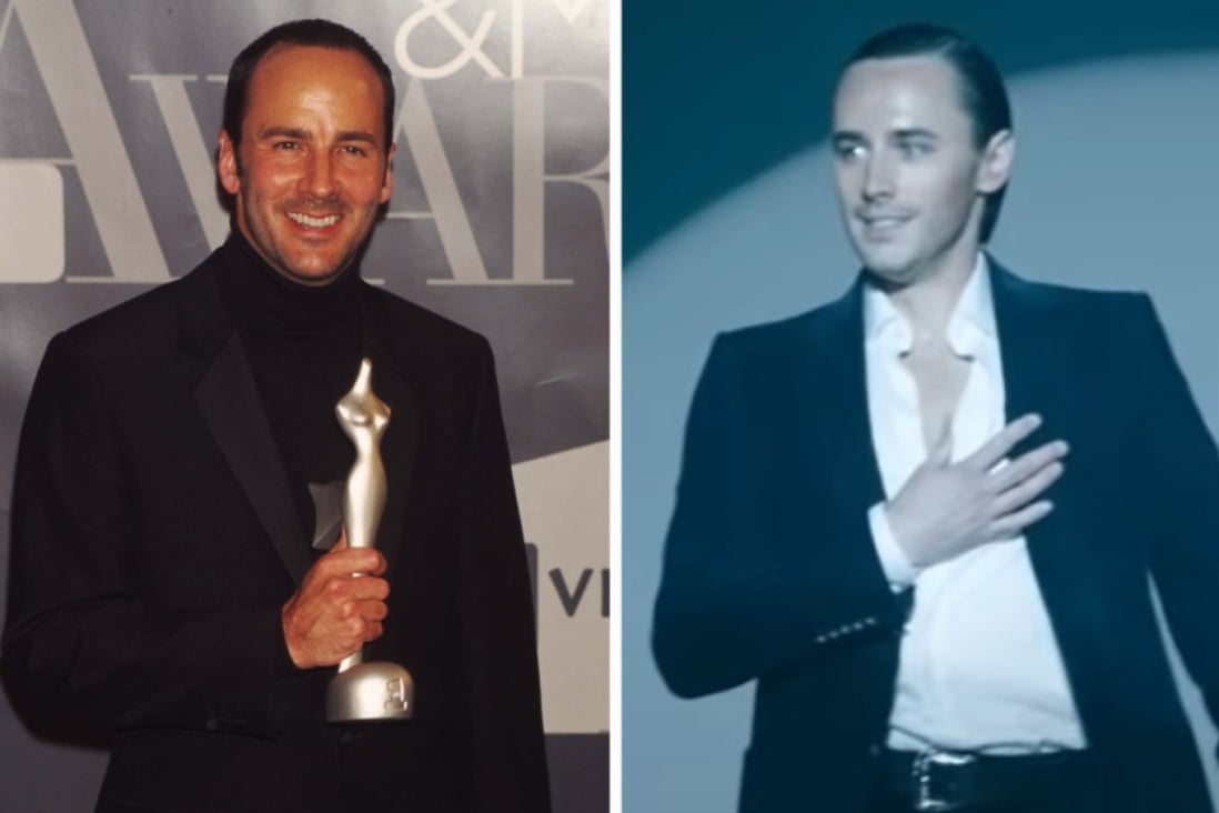A side by side comparison of the real Tom Ford and Reeve Carney in House of Gucci as Tom Ford. Photos: Getty Images,MGM/ Captured from Youtube