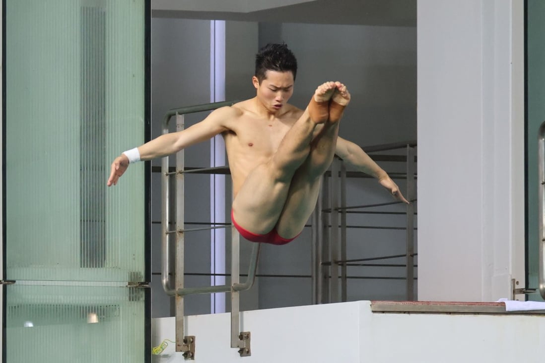 Star Chinese diver Wang Zongyuan goes airborne as a day of Olympian exhibitions got under way in Hong Kong. Photo: Dickson Lee