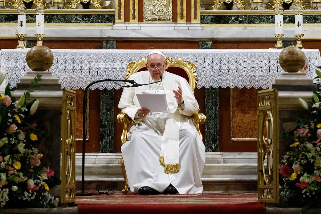 Pope Francis at the Cathedral of Saint Dionysius in Athens, Greece on Saturday. Photo: Reuters