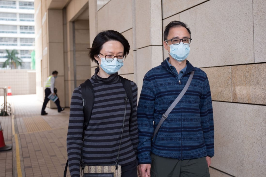 Stephen Kay Chi-fai (right), son of the patient Kay Chee who died after suffering two cardiac arrests in three days at Queen Mary Hospital, appears at the Coroner’s Court with his wife on Tuesday. Photo: Brian Wong