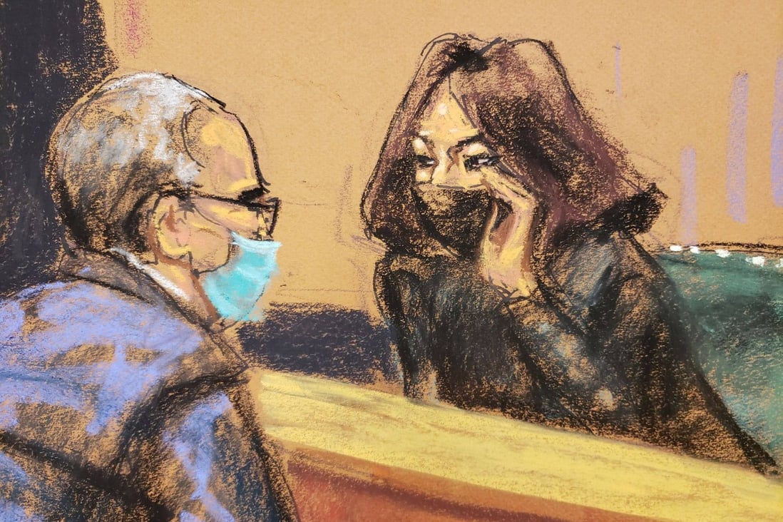 Ghislaine Maxwell confers with her brother, Kevin, during her trial in New York on Monday. Courtroom sketch: Jane Rosenberg via Reuters
