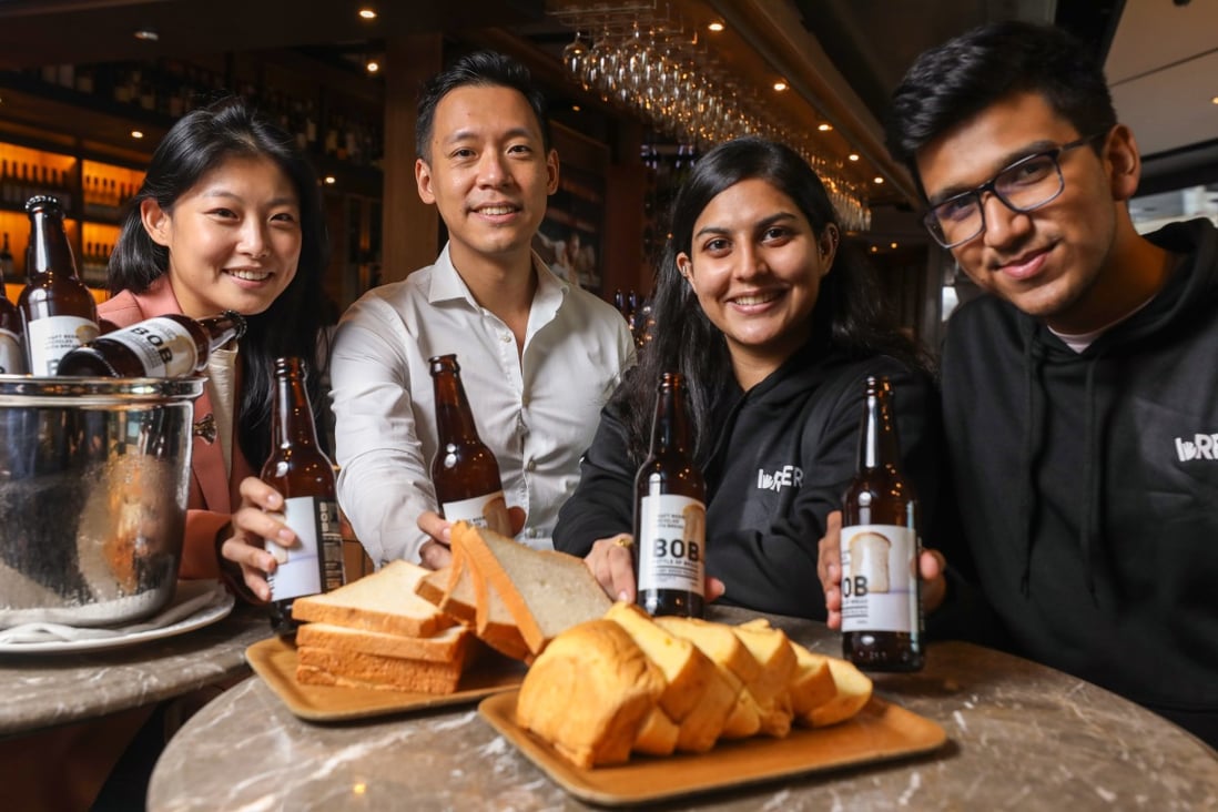 (From left) Chicken Soup Foundation donor ambassador Inis Yang, Maxim’s Group senior manager for food procurement and supply chain Michael Sheung, Breer co-founders Anushka Purohit and Naman Tekriwal. Photo: Xiaomei Chen