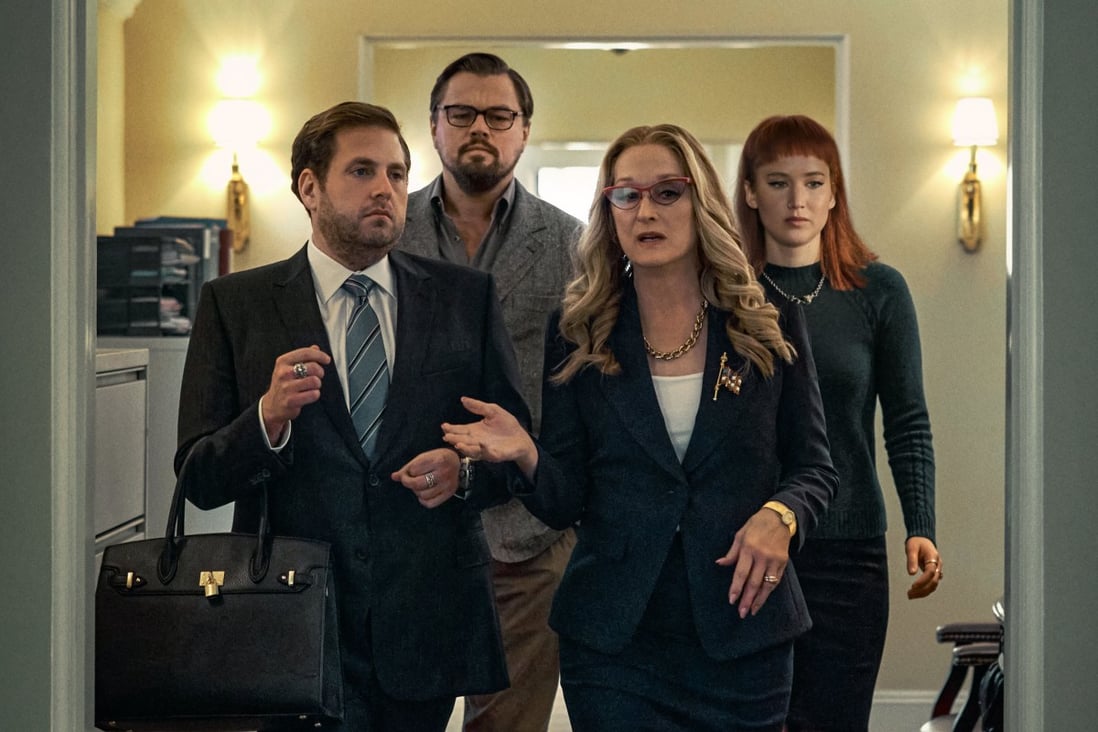 (From left) Jonah Hill, Leonardo DiCaprio, Meryl Streep and Jennifer Lawrence in a still from Don’t Look Up. Photo: Niko Tavernise/Netflix