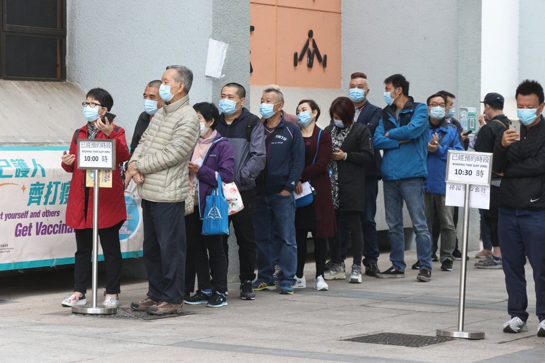 People queue for Sinovac vaccine jabs at Yuen Woo Road, Sha Tin. Photo: K. Y. Cheng