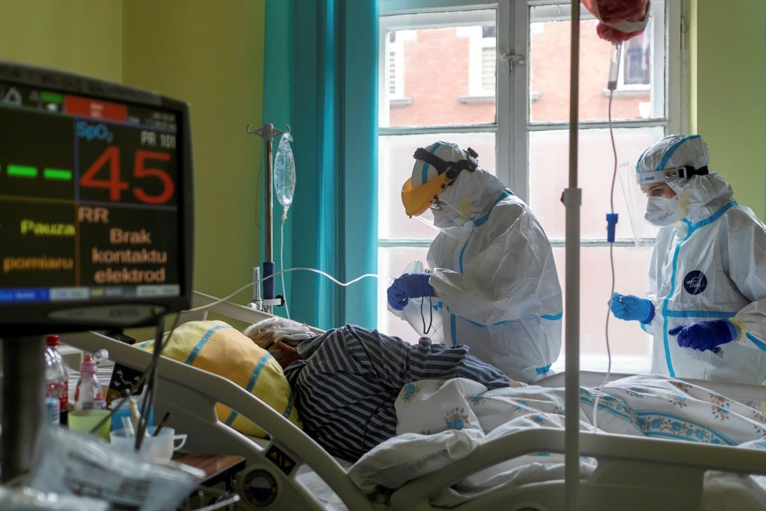 Health workers treat a Covid-19 patient at a city hospital in Gliwice, Poland. Photo: Agencja Wyborcza.pl via Reuters