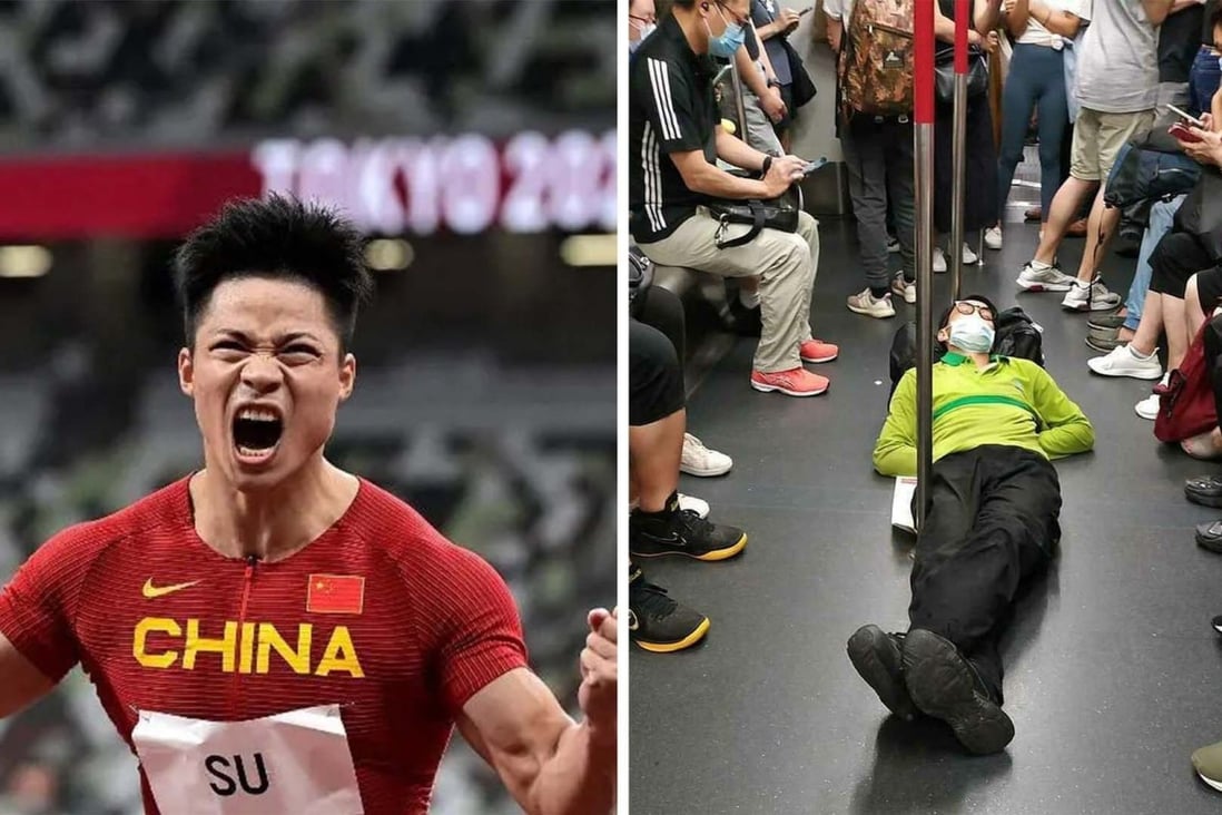 YYDS, used to describe inspiring athletes such as Chinese sprinter Su Bingtian (left) and ‘lying flat’, a movement popular among disenchanted youth are among the top ten online buzzwords in China for 2021. Photo: SCMP artwork
