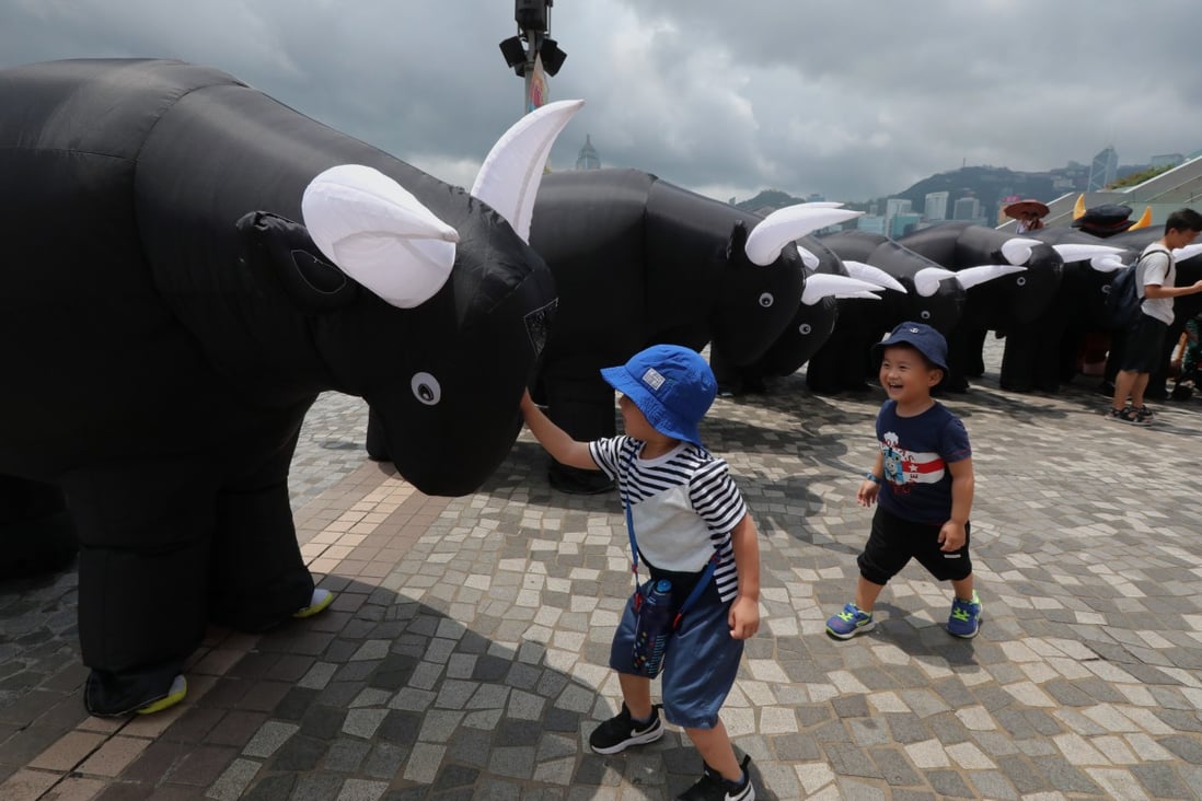 Bull mascots to mark the Spanish Culture Festival La Feria, photographed at the Tsim Sha Tsui Promenade in Hong Kong on 19 May 2019. Photo: Felix Wong.