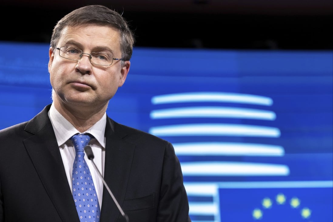 EU Trade Commissioner Valdis Dombrovskis speaks on Tuesday about a proposed new system of trade sanctions. Photo: AP