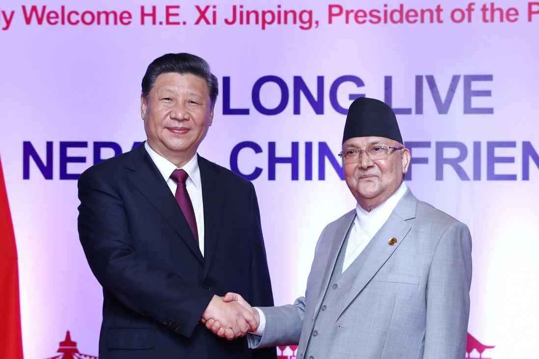 Chinese President Xi Jinping  with then Nepali prime minister K.P. Sharma Oli, in Kathmandu in October 2019. Photo: Xinhua 