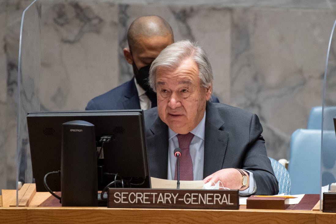 UN Secretary-General Antonio Guterres delivers a speech in an open debate of the Security Council on security in the context of terrorism and climate change. Photo: Xinhua