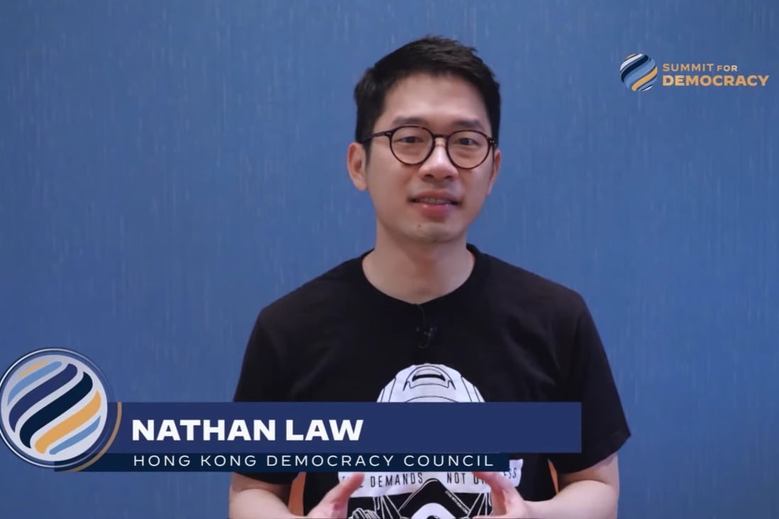 Nathan Law addresses the Summit for Democracy hosted by Washington. Photo: Youtube