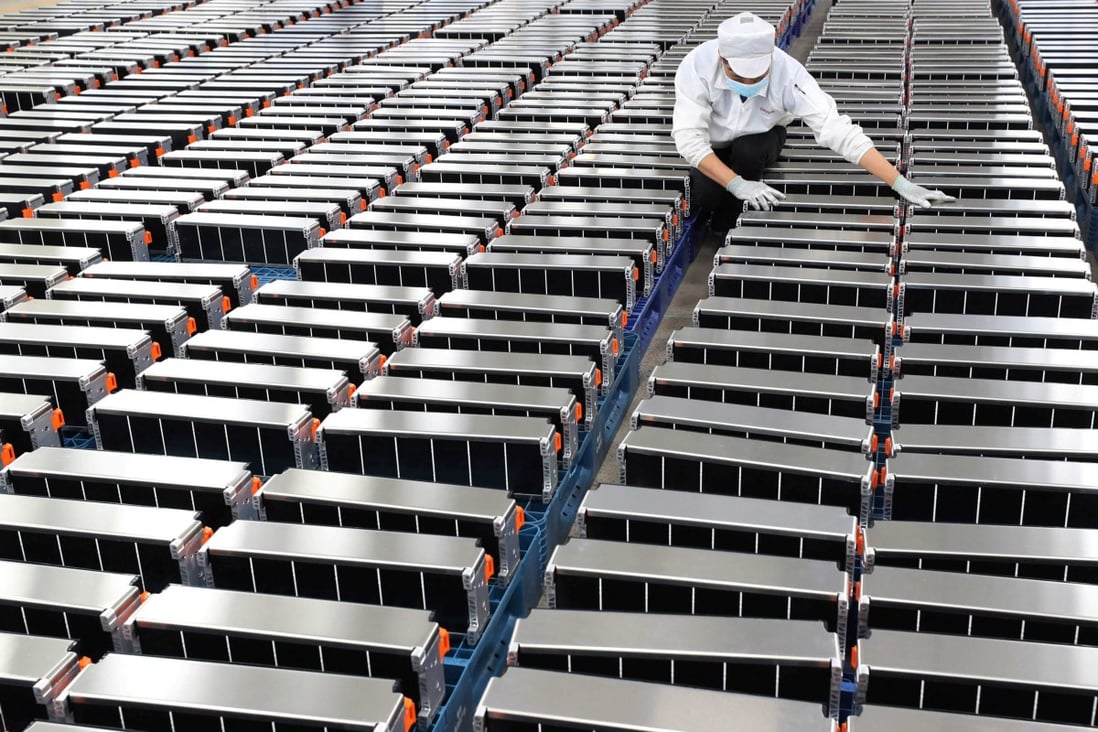 A car battery factory in China’s eastern Jiangsu province. Cheap batteries are key to the growth and wider use of EVs. Photo: AFP