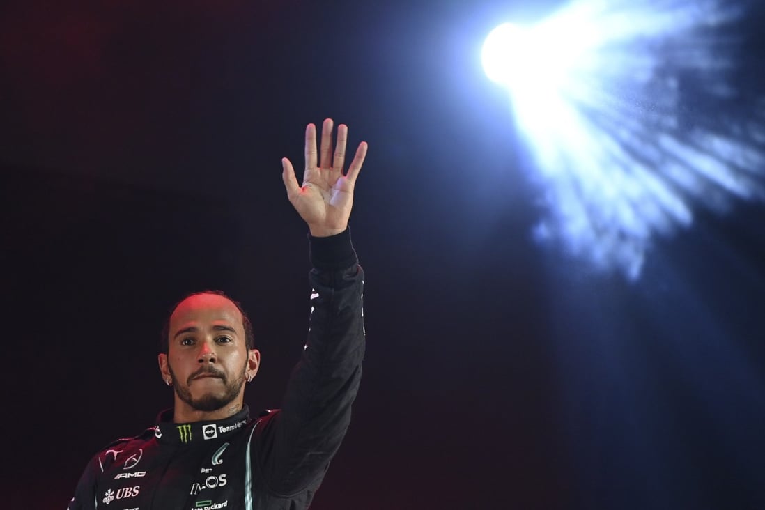 Lewis Hamilton reacts after winning the inaugural 2021 Formula One Grand Prix in Saudi Arabia. Photo: EPA