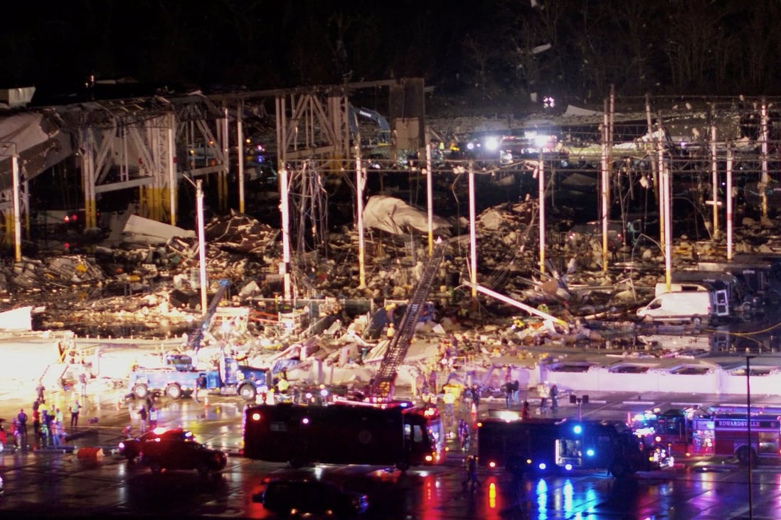 An Amazon.com warehouse is damaged after a tornado passed through Edwardsville, Illinois. Photo: Maverick Media Group via Reuters