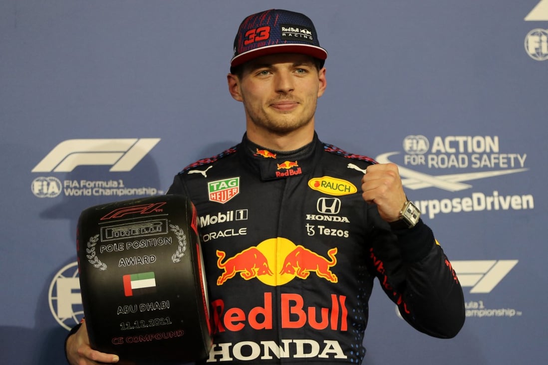 Max Verstappen celebrates after qualifying in pole position for the Abu Dhabi Grand Prix. Photo: Reuters