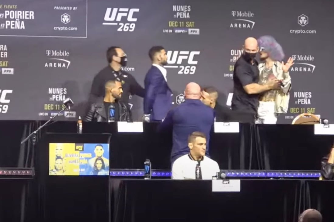 Cody Garbrandt (left) and Sean O’Malley are separated at the UFC 269 pre-fight press conference in Las Vegas. Photo: Screen capture from SCMP MMA on YouTube