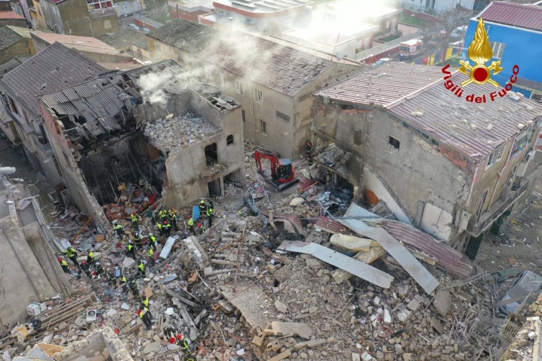 An aerial view of the damage following a fatal blast apparently caused by a gas leak in Sicily, Italy. Photo: EPA-EFE