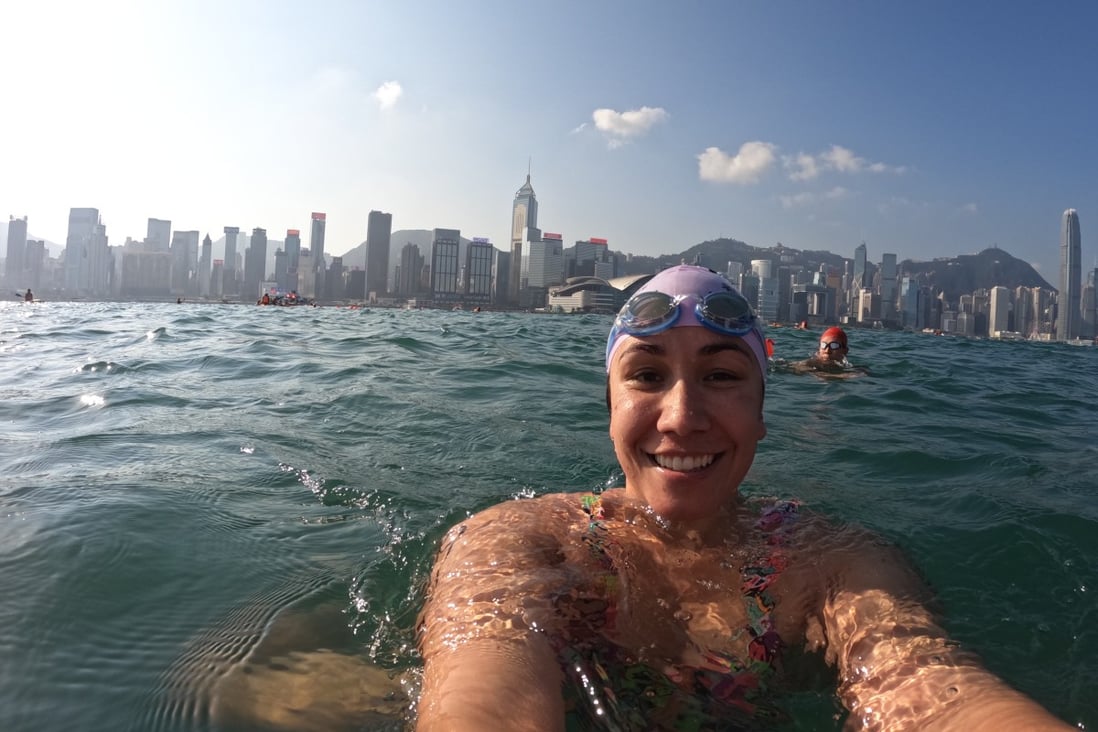 Alkira stops to take a selfie during her Cross Harbour Race swim. Photo: Alkira Reinfrank