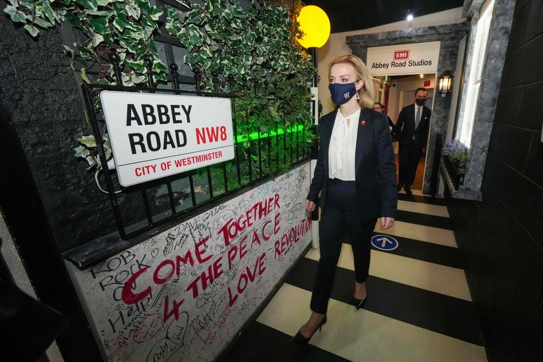 Britain’s Foreign Secretary Liz Truss during a visit to The Beatles Story Museum at the end of day one of the G7 summit in Liverpool on Saturday. Photo: AFP
