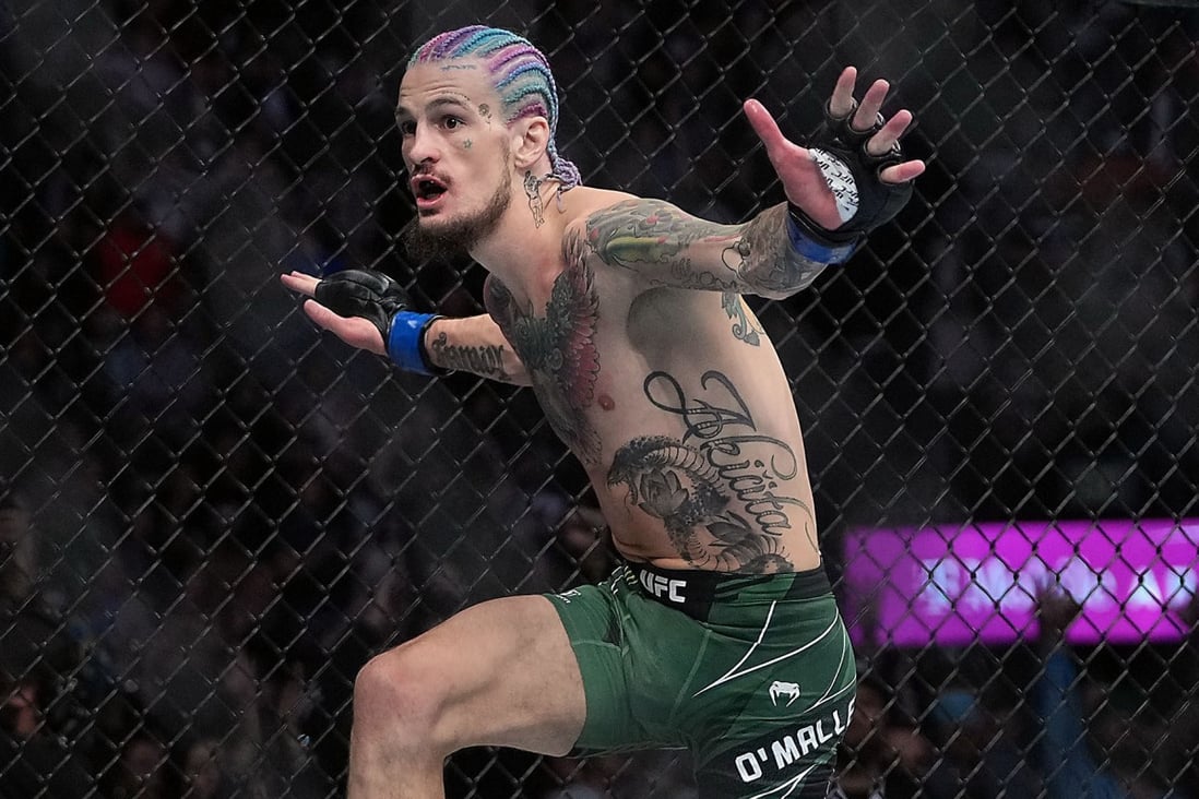 Sean O’Malley celebrates after his TKO victory against Raulian Paiva at UFC 269. Photo: Stephen R Sylvanie/USA TODAY Sports