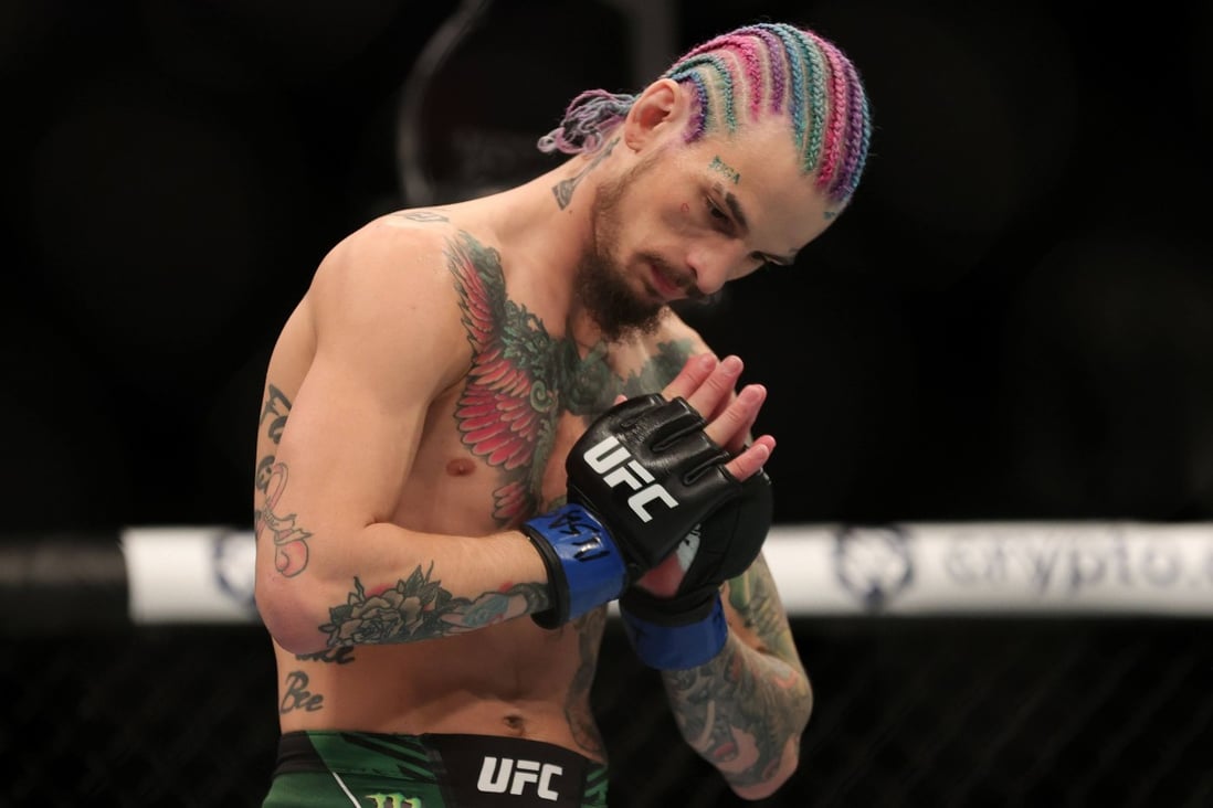 Sean O’Malley reacts in his bantamweight fight against Raulian Paiva at UFC 269. Photo: Carmen Mandato/Getty Images/AFP