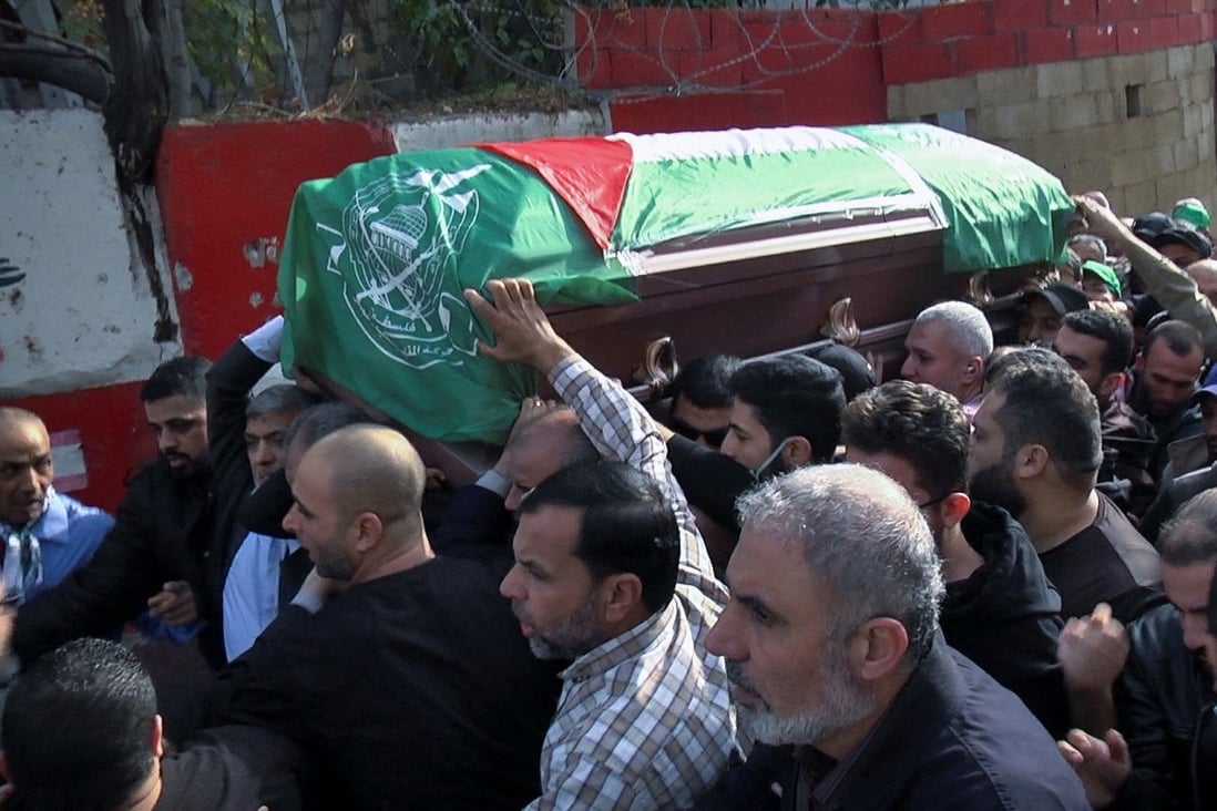 Men carry the coffin of a man who was killed in an explosion in the Palestinian camp of Burj al-Shemali, during his funeral in Tyre, Lebanon on Sunday. Photo: Reuters 