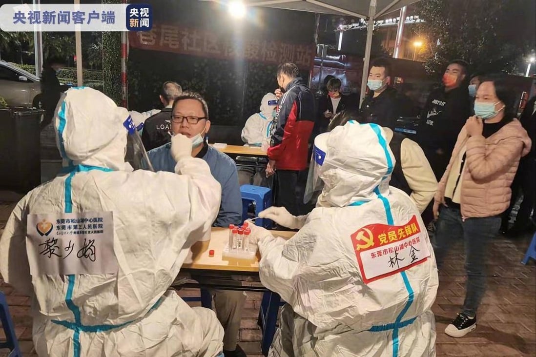 Traffic control measures are in place in Dalang in Dongguan city after two people tested positive to coronavirus. The asymptomatic pair, aged in their 30s, had visited restaurants, hotels, beauty parlours and karaoke bars. Photo: Weibo